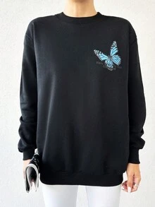 EURMUSE 女士蝴蝶印花運動衫,背面設計 - 黑色 - 查看 3