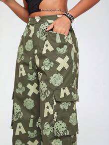 GAWX Artist Cartoon Graphic Flap Pocket Side Cargo Pants, For Holiday, Vacation, Festival