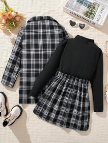 SHEIN 少女優雅格紋西裝外套+裙子+高領t恤3/2件裝套裝 - 彩色 - 查看 2