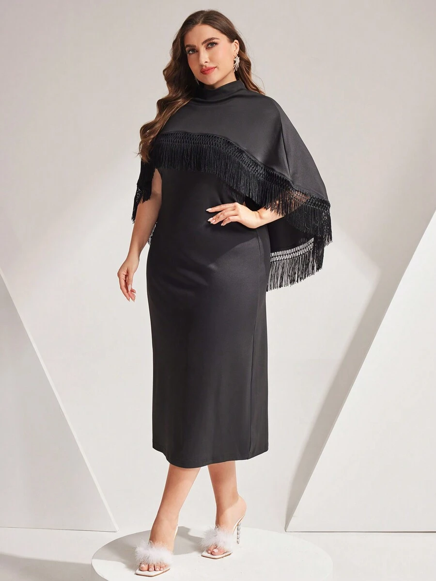 Modelyn Plus Size Solid Color Slim Fit Tank Dress And Tassel Decorated Cape Top 2pcs/Set - Black - View 1