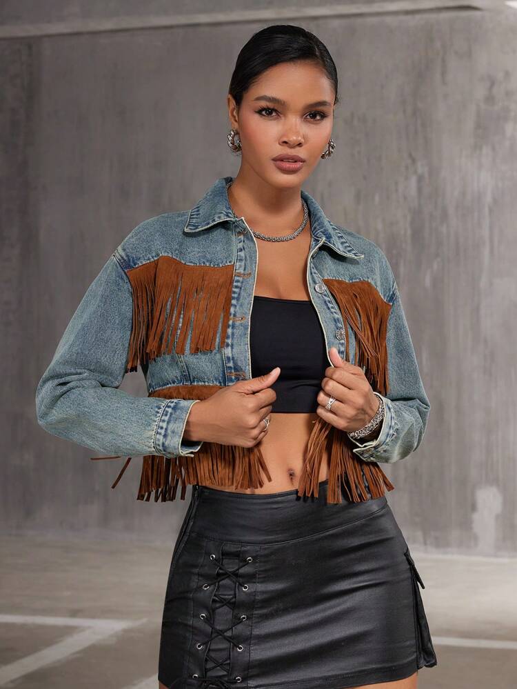 Color-Block Fringe Decorated Denim Jacket