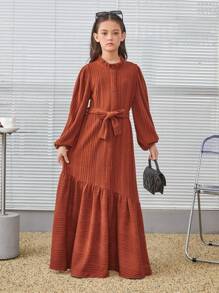 SHEIN 少女鬆身復古風額外長綁帶腰帶連身裙 - 卡其色 - 查看 1