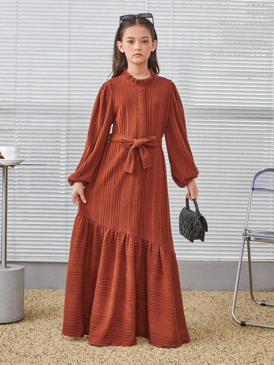 SHEIN 少女鬆身復古風額外長綁帶腰帶連身裙 - 卡其色 - 查看 1