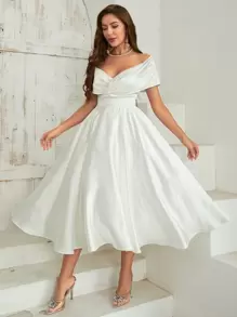 SHEIN Belle 露肩优雅鱼尾下摆鸡尾酒会长裙女装 - 白色 - 查看 6