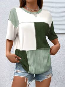 SHEIN Unity Colourblock Drop Shoulder Tee - Dark Green - View 5