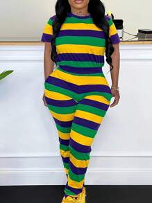 LovelyWholesale 1 Bộ Áo thun tay ngắn kẻ sọc màu tương phản cỡ lớn cho nữ và quần - Nhiều màu - Xem 1