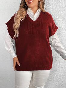 Calvaya Plus Size Solid Color Knitted Top - Burgundy - View 1