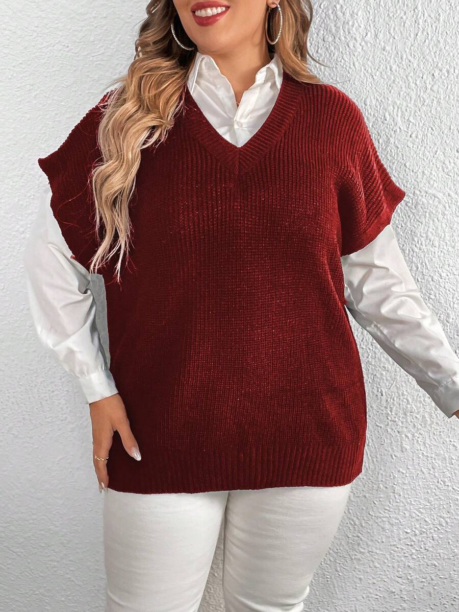 Calvaya Plus Size Solid Color Knitted Top - Burgundy - View 1