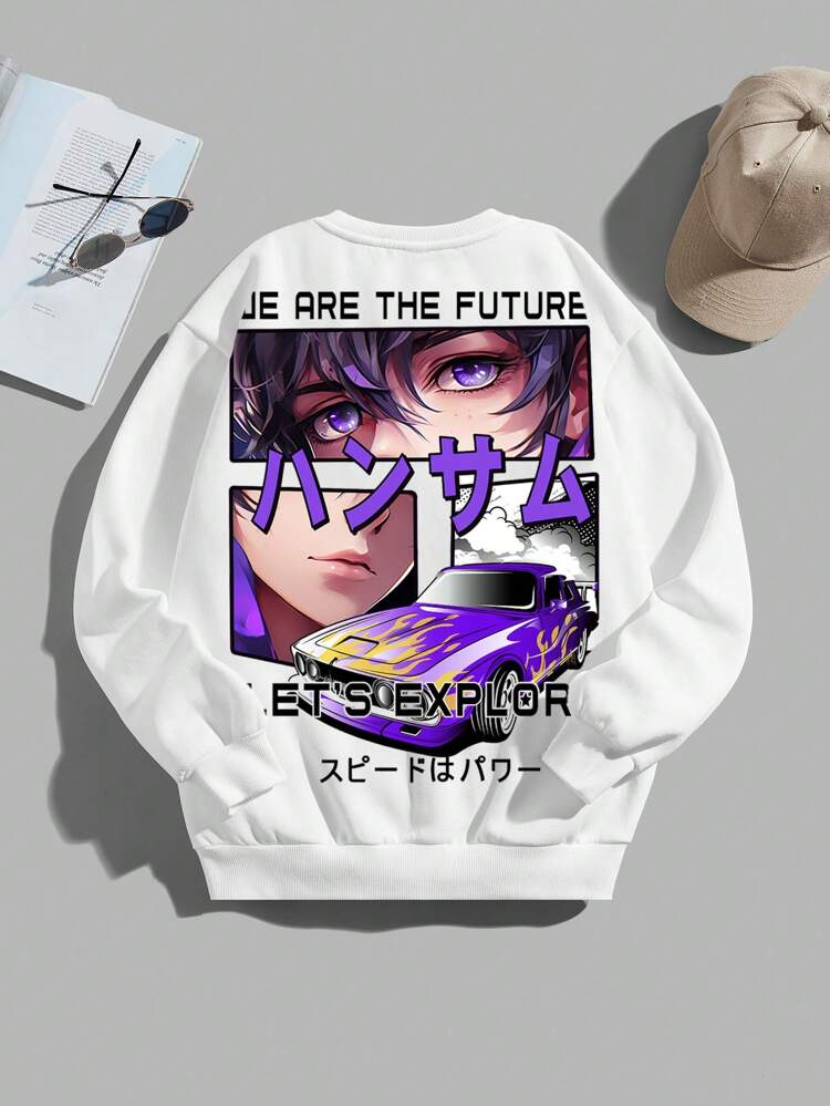 Boys' Casual Round Neck Sweatshirt With Cartoon Character & Letter Print