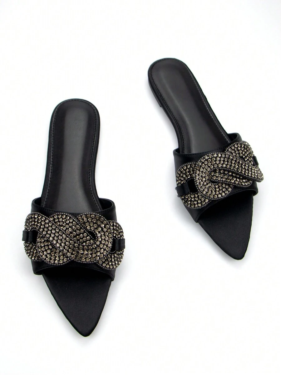 女士魅力水钻链条搭扣装饰黑色绒面革尖头舒适平底凉鞋，适合日常和派对穿着，情人节、春夏装扮皆宜 - 黑色 - 查看 1