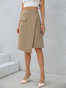 Chiquease Của phụ nữ Túi có nắp Bất đối xứng Nút phía trước Váy chữ A - Màu Khaki - Xem 3