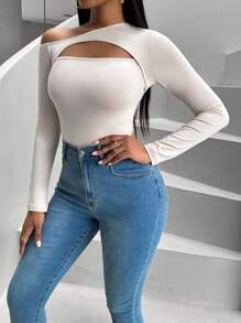 SHEIN SXY 純色不對稱領口鏤空連身衣 - 杏色 - 查看 1