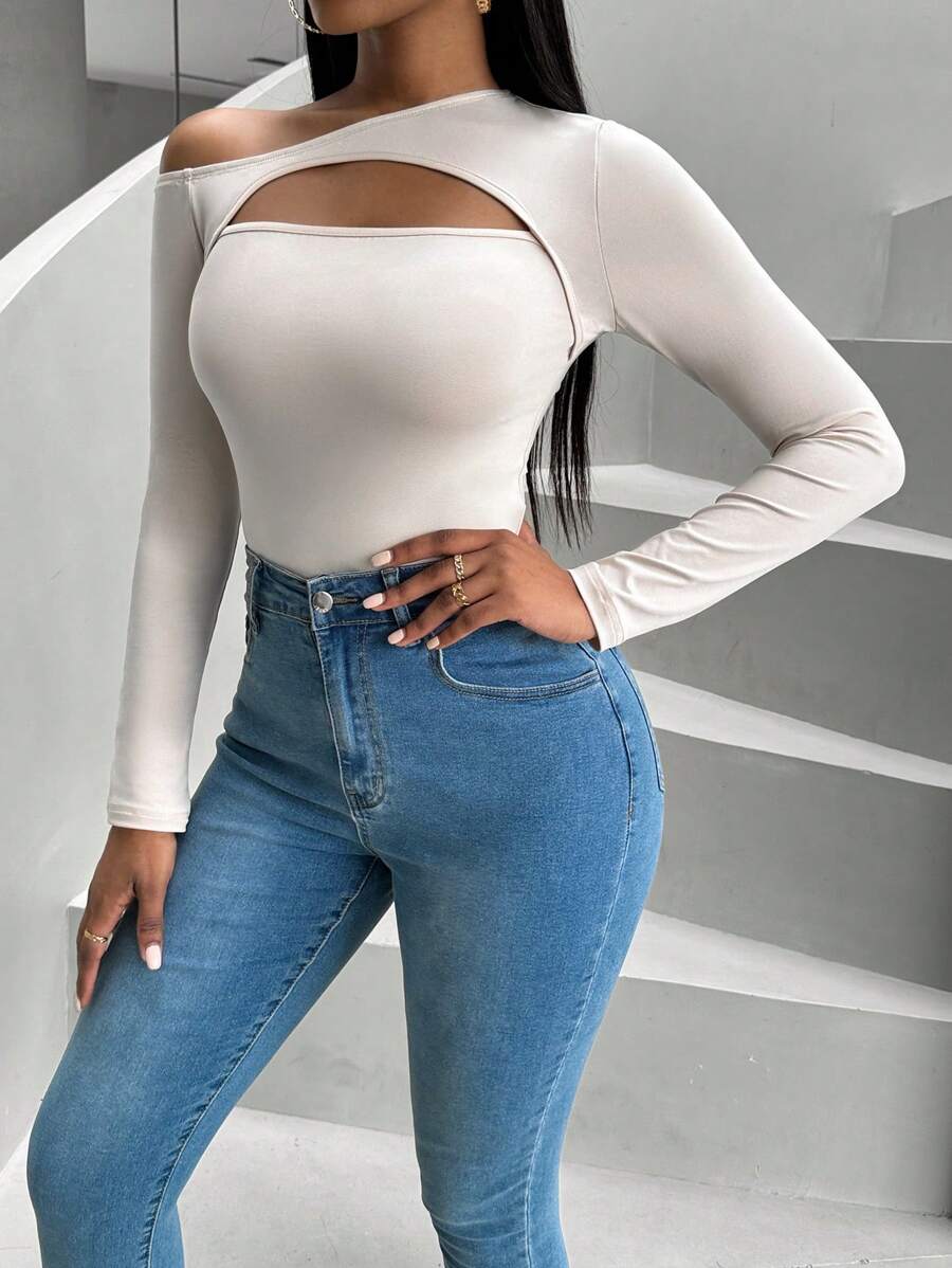 SHEIN SXY 純色不對稱領口鏤空連身衣 - 杏色 - 查看 1