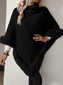 SHEIN Clasi Solid Color High-Neck Plush Patchwork Batwing Sleeve Sweater - Black - View 7