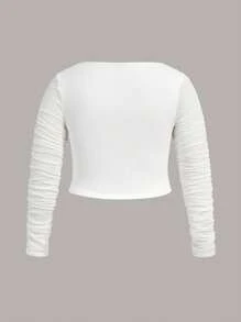 SHEIN ICON 女款大尺碼鏤空荷葉邊細部長袖上衣