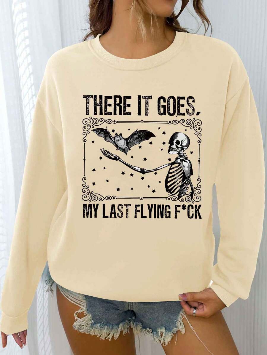 INAWLY 女士骷髏印花毛絨衛衣 - 杏色 - 查看 1