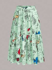 Flirla Women'S Plus Size Printed Elastic Waist Ruffled Hem Skirt - Olive Green - View 4