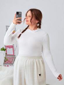 SHEIN EZwear 加大碼純色荷葉邊長袖t恤 - 彩色 - 查看 5