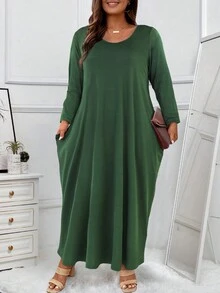 Women's Plus Size Solid Color Cocoon Dress - Dark Green - View 3