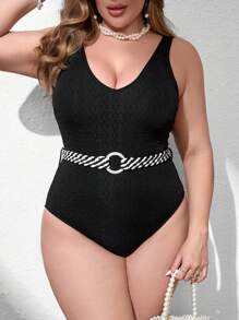 SHEIN Swim Curve Maillot de bain 1 pièce avec ceinture en argent, pour grandes tailles, pour l'été - Noir - Voir 1