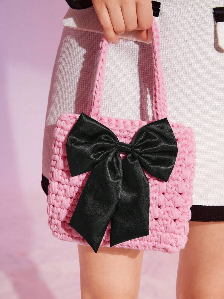 Cute Preppy Bow Decor Satchel Crochet Bag,Women Top Handle Bag