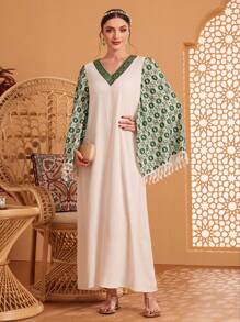 Al Najma 女士v領花邊修飾顏色積木休閒裙,飄逸袖子 - 白色 - 查看 1