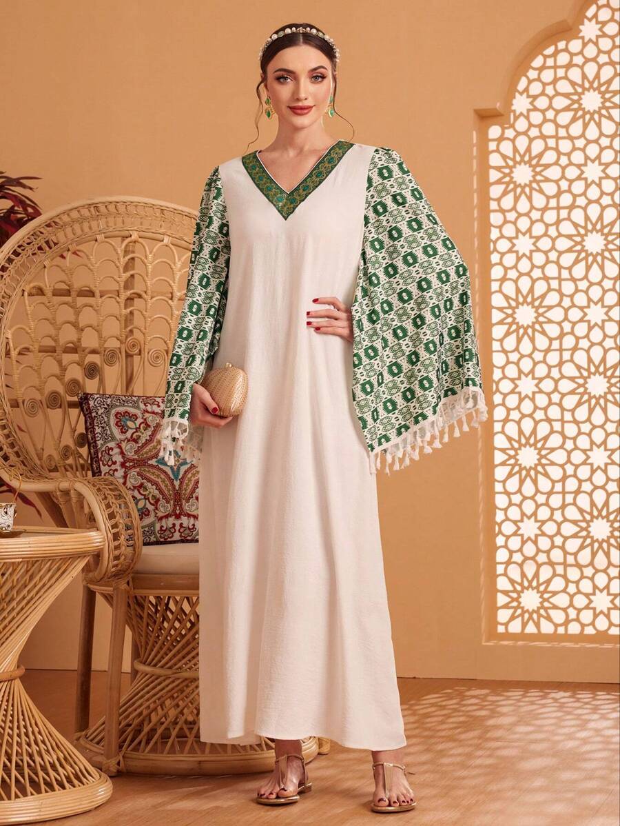 Al Najma 女士v領花邊修飾顏色積木休閒裙,飄逸袖子 - 白色 - 查看 1