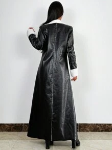 Zolique 女款pu皮革色塊長外套,超大翻領設計 - 黑色 - 查看 2