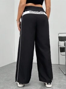 SHEIN EZwear Kích thước lớn Chữ cái In Màu sắc Chặn Cán Hem Quần - màu đen - Xem 2