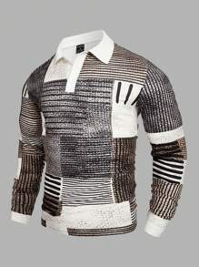 Manfinity LEGND 男士休闲拼布印花长袖半扣都市 Polo 衫，秋季