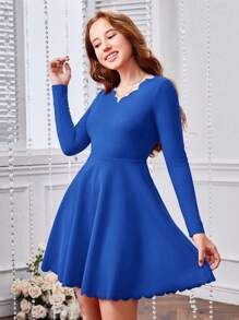 SHEIN 少女們的針織純色波浪和燒花紋休閒長袖連衣裙 - 寶藍色 - 查看 4