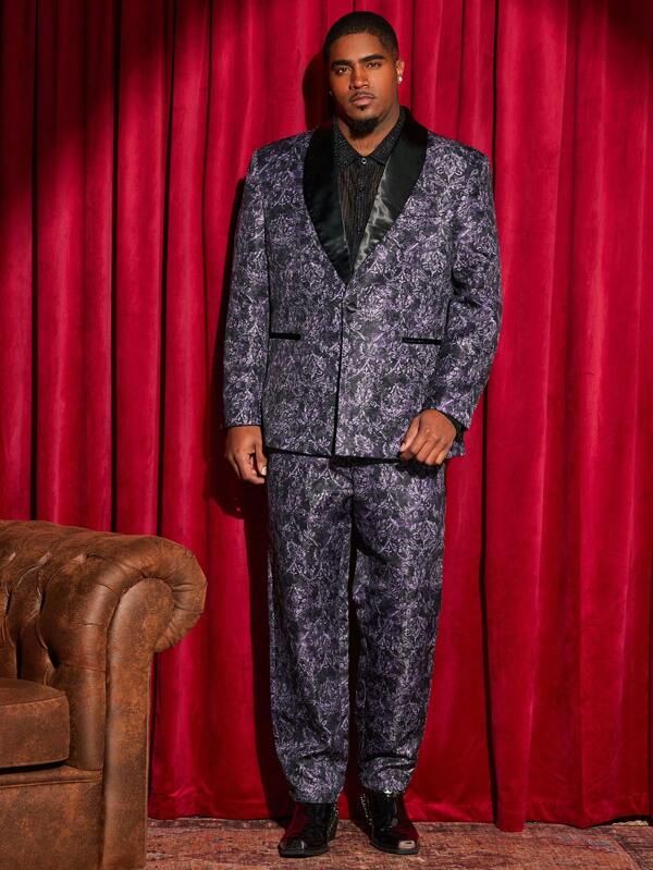 Manfinity NXTstreet Men'S Plus Size Color-Block Herringbone Suit Jacket With Shawl Collar And Suit Pants Set
