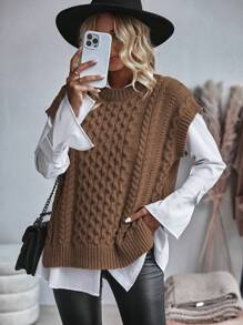 SHEIN Essnce 1 件圓領絞花針織毛衣背心 - 咖啡棕 - 查看 1