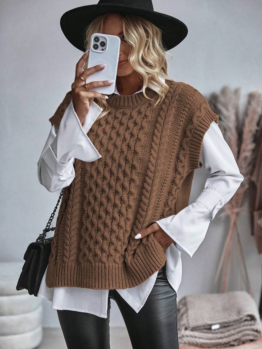 SHEIN Essnce 1 件圓領絞花針織毛衣背心 - 咖啡棕 - 查看 1