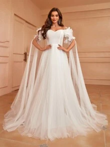 SHEIN Belle Off-Shoulder Wedding Dress With 3d Floral Cape Sleeves And Tulle Overlay