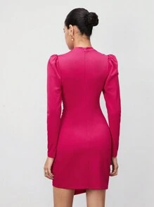 Maija 泡泡袖交叉前裝飾不對稱裙擺連衣裙 - 玫紅色 - 查看 4