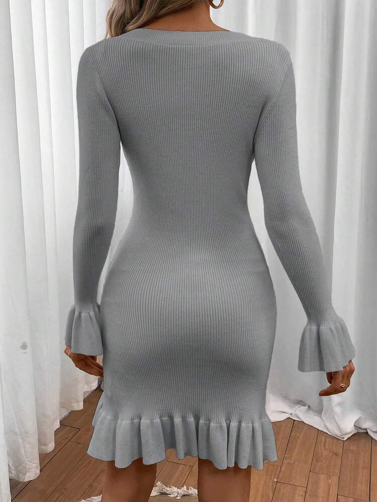 Women'S Ruffled Slim Fit Sweater Dress