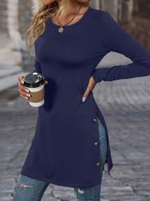 SHEIN LUNE Camiseta Con Abertura De Color Liso Para Mujer Con Decoración De Botones - Azul Marino - Ver 5