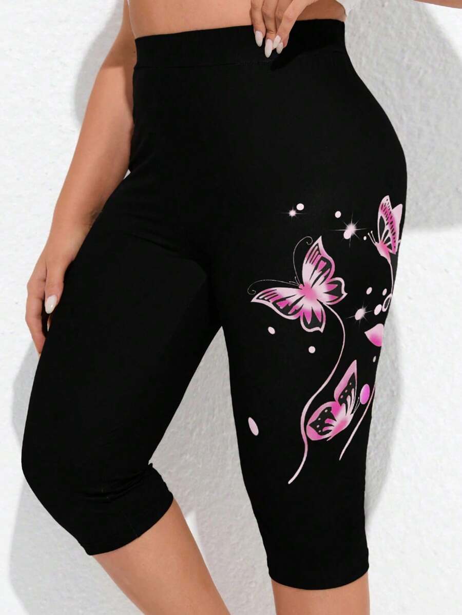 SHEIN 大尺碼女士蝶印花緊身褲