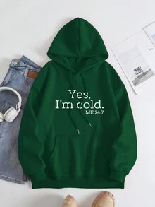 SHEIN EZwear Slogan Printed Kangaroo Pocket Hoodie - Dark Green - View 4