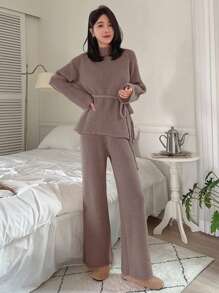 Dazy Star Women'S Belted Sweater And Sweater Pants Two Piece Set - Brown - View 1