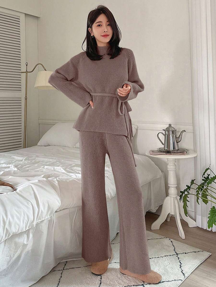 Dazy Star Women'S Belted Sweater And Sweater Pants Two Piece Set - Brown - View 1