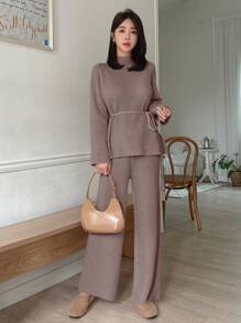 Dazy Star Women'S Belted Sweater And Sweater Pants Two Piece Set - Brown - View 3