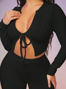 SHEIN SXY 女式正面打結短上衣和緊身褲套裝