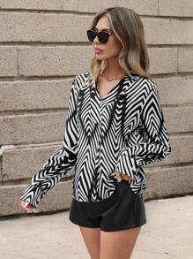 SHEIN Clasi 女款印花長袖襯衫 - 黑與白 - 查看 3