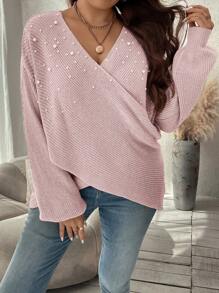 SHEIN Clasi Của phụ nữ Kết cườm Vượt qua Mặt trước Áo chui đầu Áo len - Hồng - Xem 5