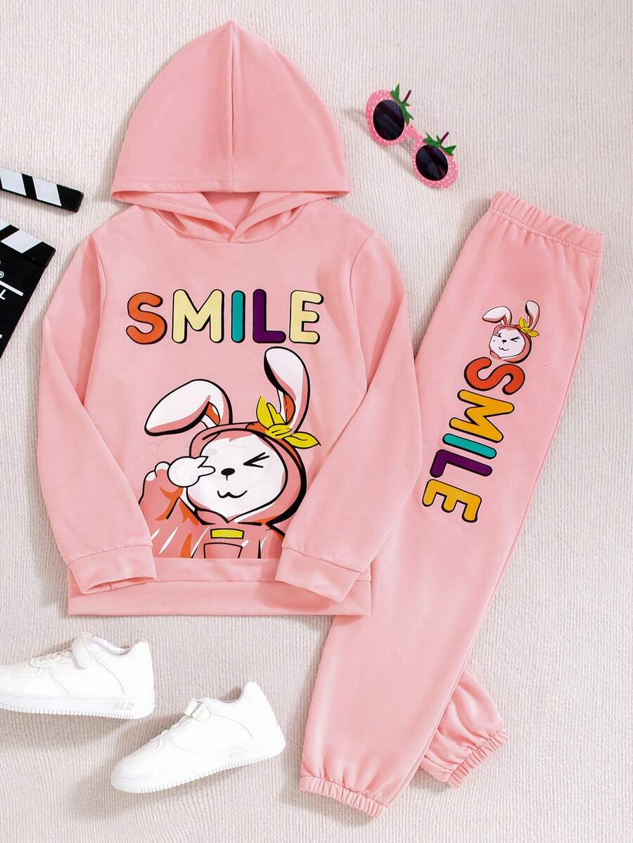 SHEIN 2 件/套 Tween 女孩卡通印花休閒連帽衫和運動褲 - 粉色 - 查看 1