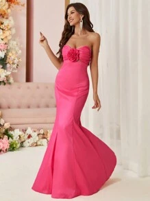 SHEIN Belle Tube Top Shape, Three-Dimensional Flower Details, Fishtail Hem, Women’S Evening Dress (Heavy Industry Version) - Pink - View 2