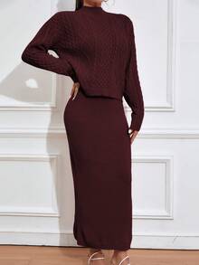 Mulvari Burgundy Red Women's Cable Knit Sweater And Knitted Skirt Two Pieces Set - Burgundy - View 4