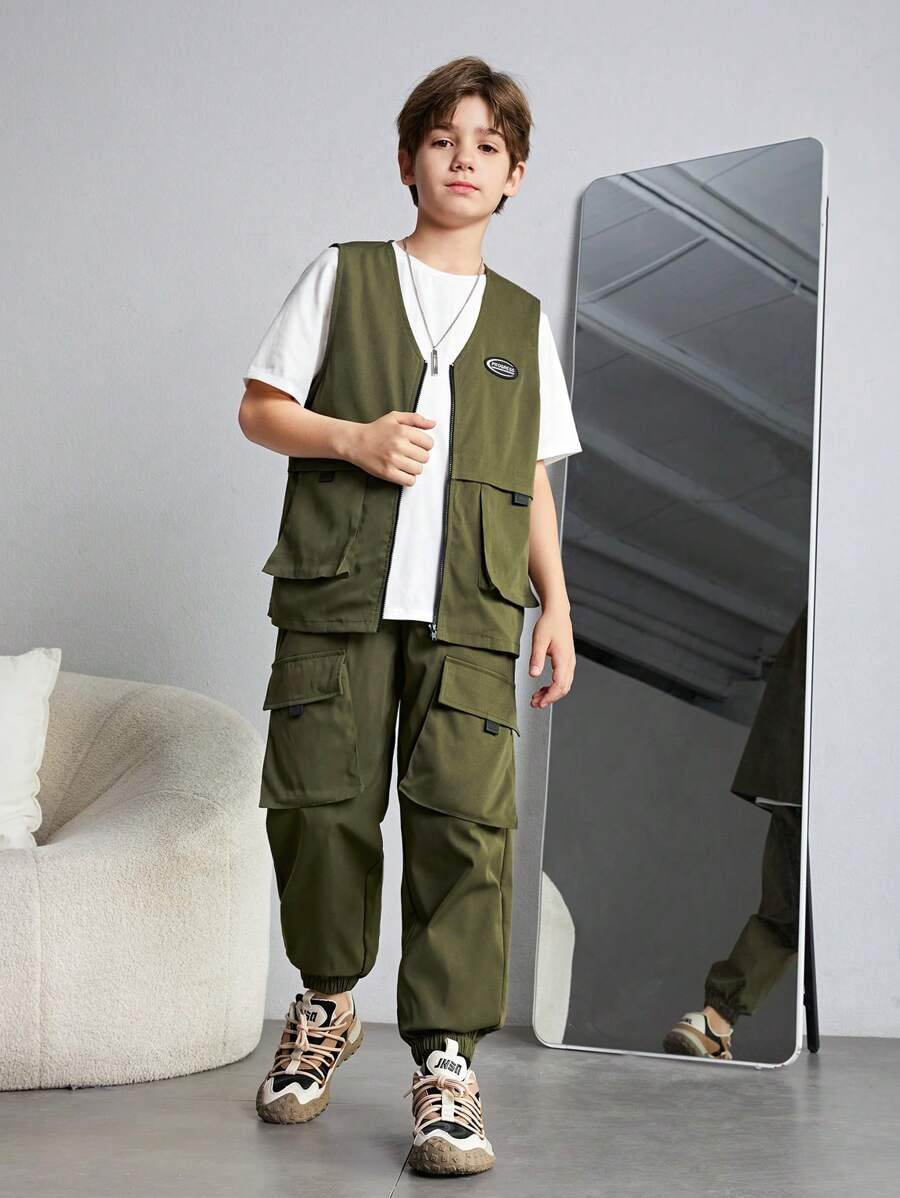 SHEIN 2pcs Teen Boys' Loose Fit Casual Woven Vest With Pockets, Tapered Leg Pants Set, Workwear Pockets, Oversized, Korean-Japanese Style, Simple & Versatile - Army Green - View 1